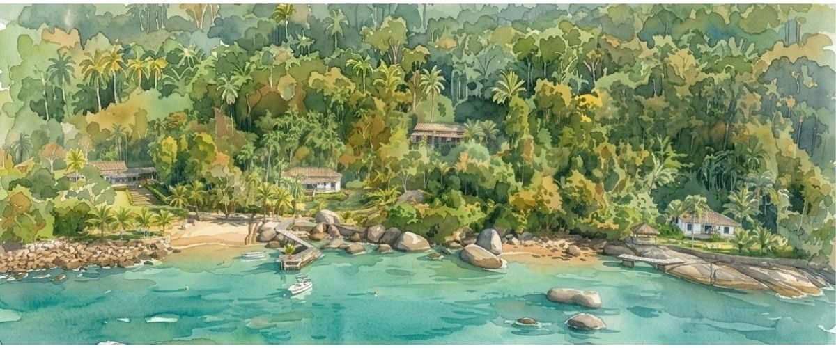 Ilustração aquarela da orla de Paraty